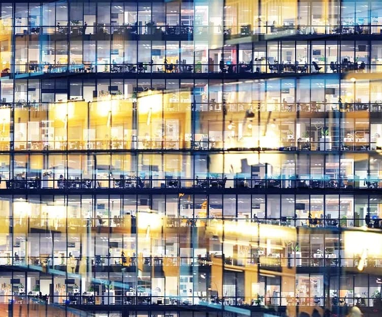 Image of office building facade. Building electrification.