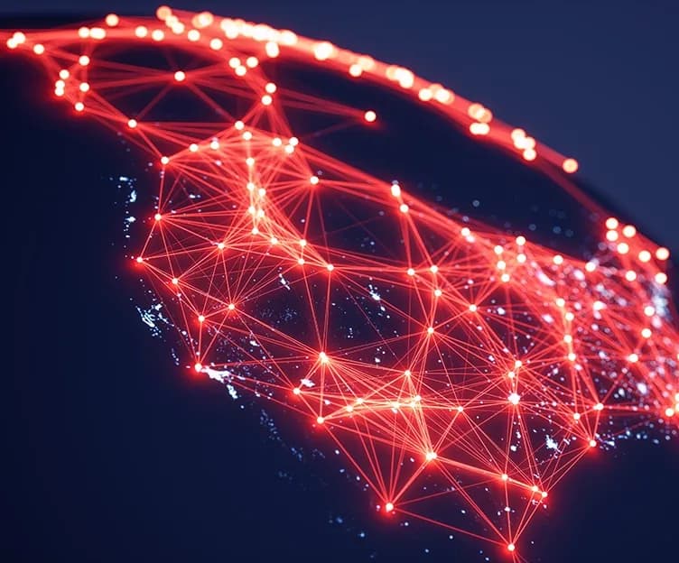 Image of the globe with glowing red lines and dots representing connection. Project controls and risk management.