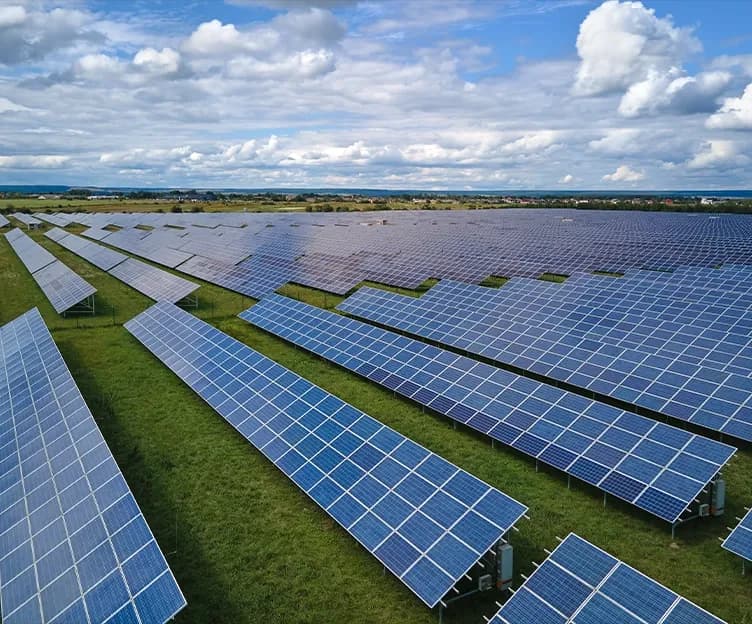 Image of renewable energy solar panel field. Grid analysis and interconnection. Facility model development and testing.