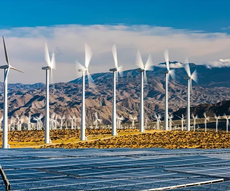 Image of wind turbine field and solar panel field with mountains in the background. Grid analysis and interconnection. Interconnection process management.