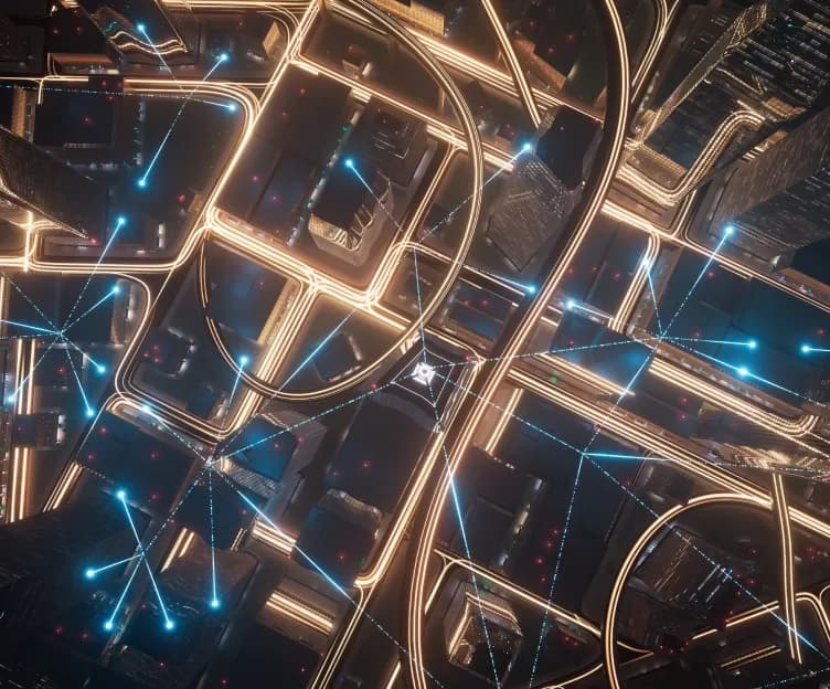 Image of modern city with glowing lines representing energy connection. Planning interconnection operations grid modernization.