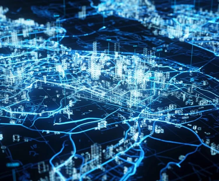 electric blue digital rendering of a city with data points. Planning interconnection operations planning integration.